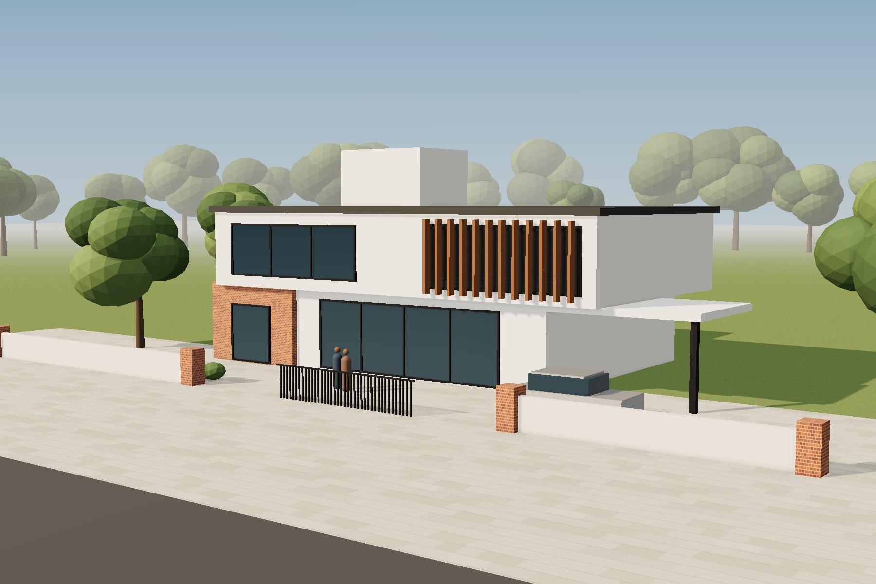 3D concept view of a two-storey family residence with a cantilevered upper floor and timber fins
